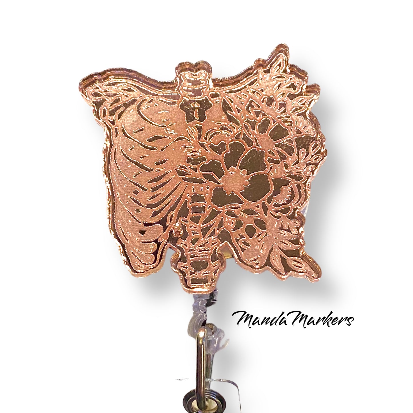 Badge Reel Rose Gold Floral Skeleton Torso