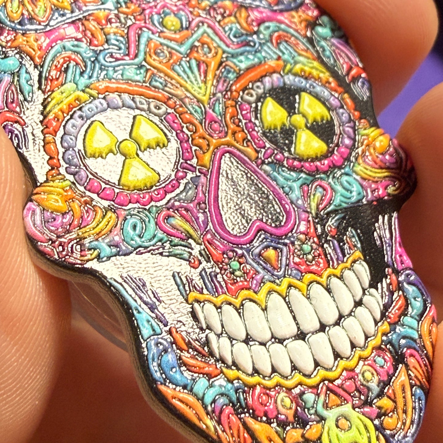 Textured Badge Reel Sugar Skull with Melty Radiation Eyes