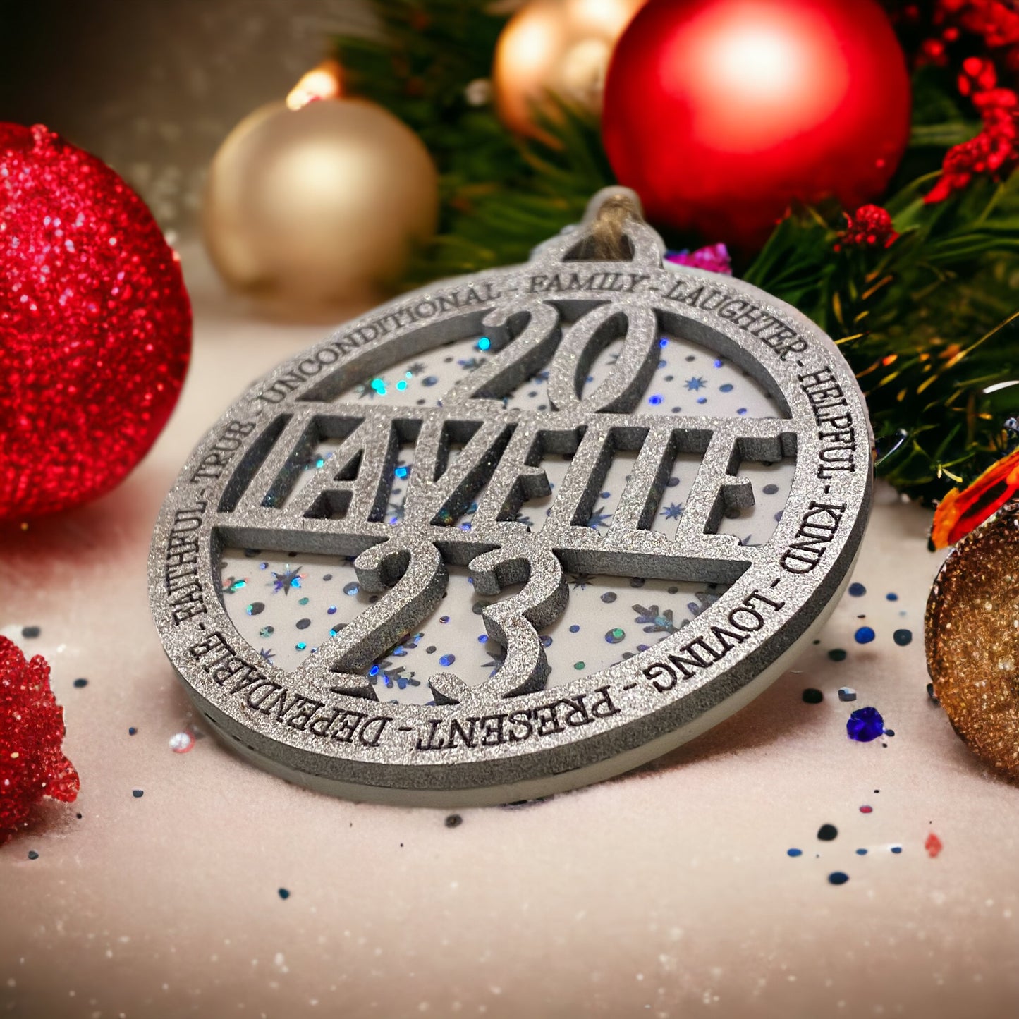 Christmas Ornament Personalized Silver Snowflake Family with Year