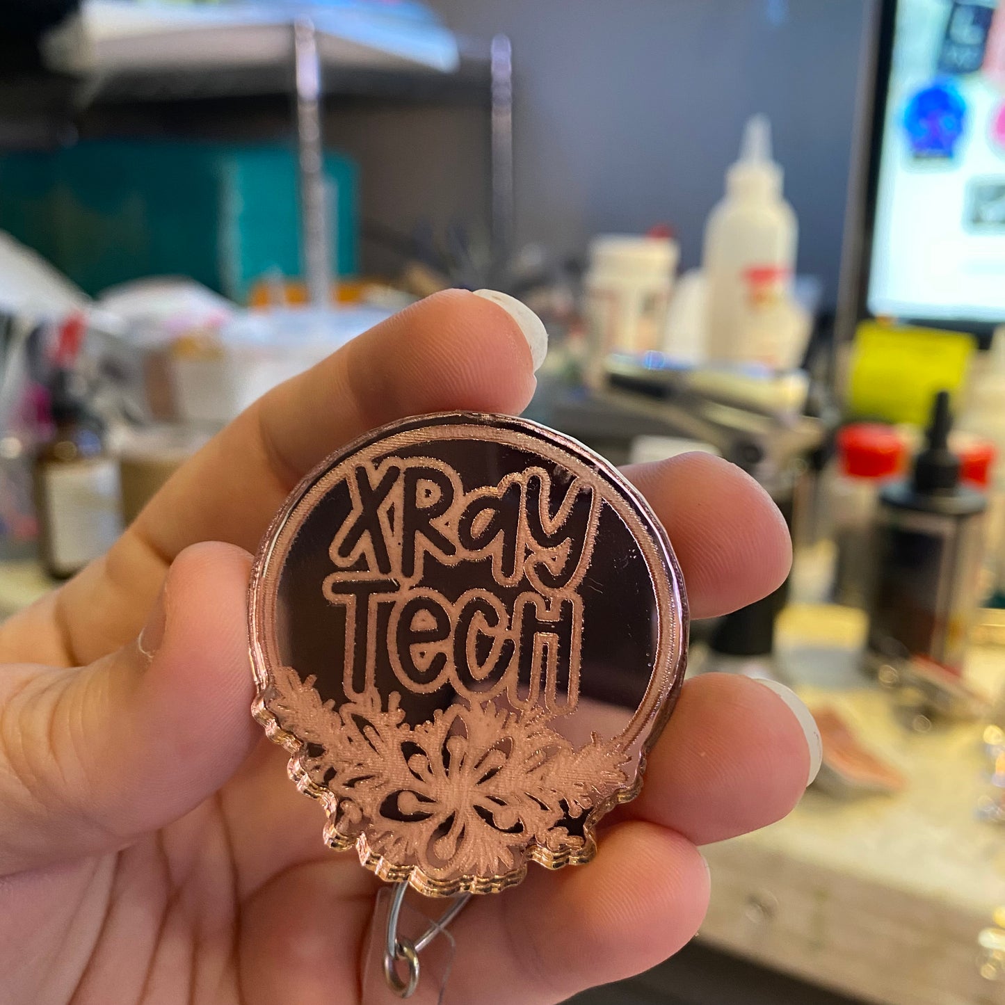 Badge Reel Rose Gold Floral Xray Tech