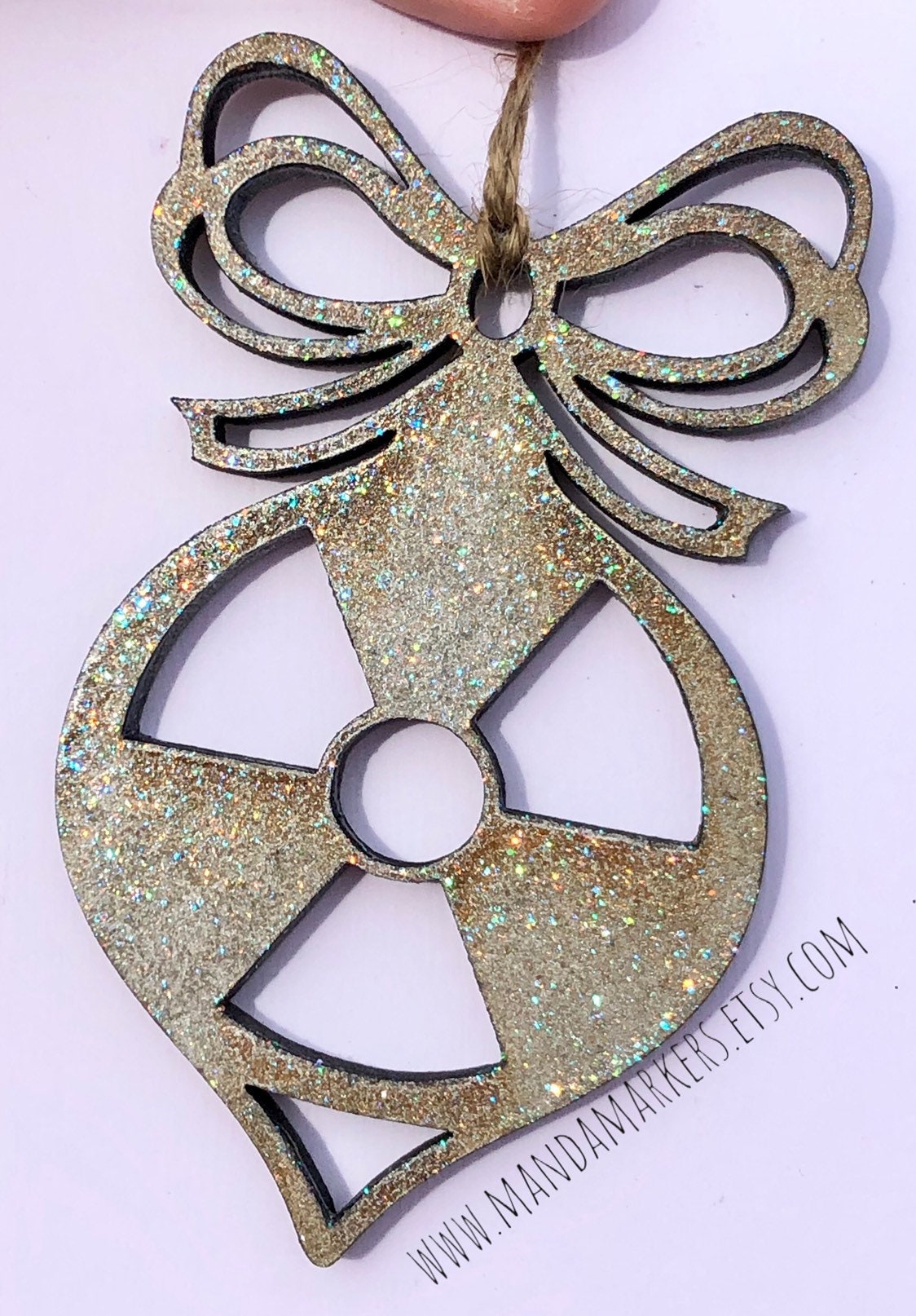 Christmas Ornament Radiation Symbol in Rustic Silver with Sparkles