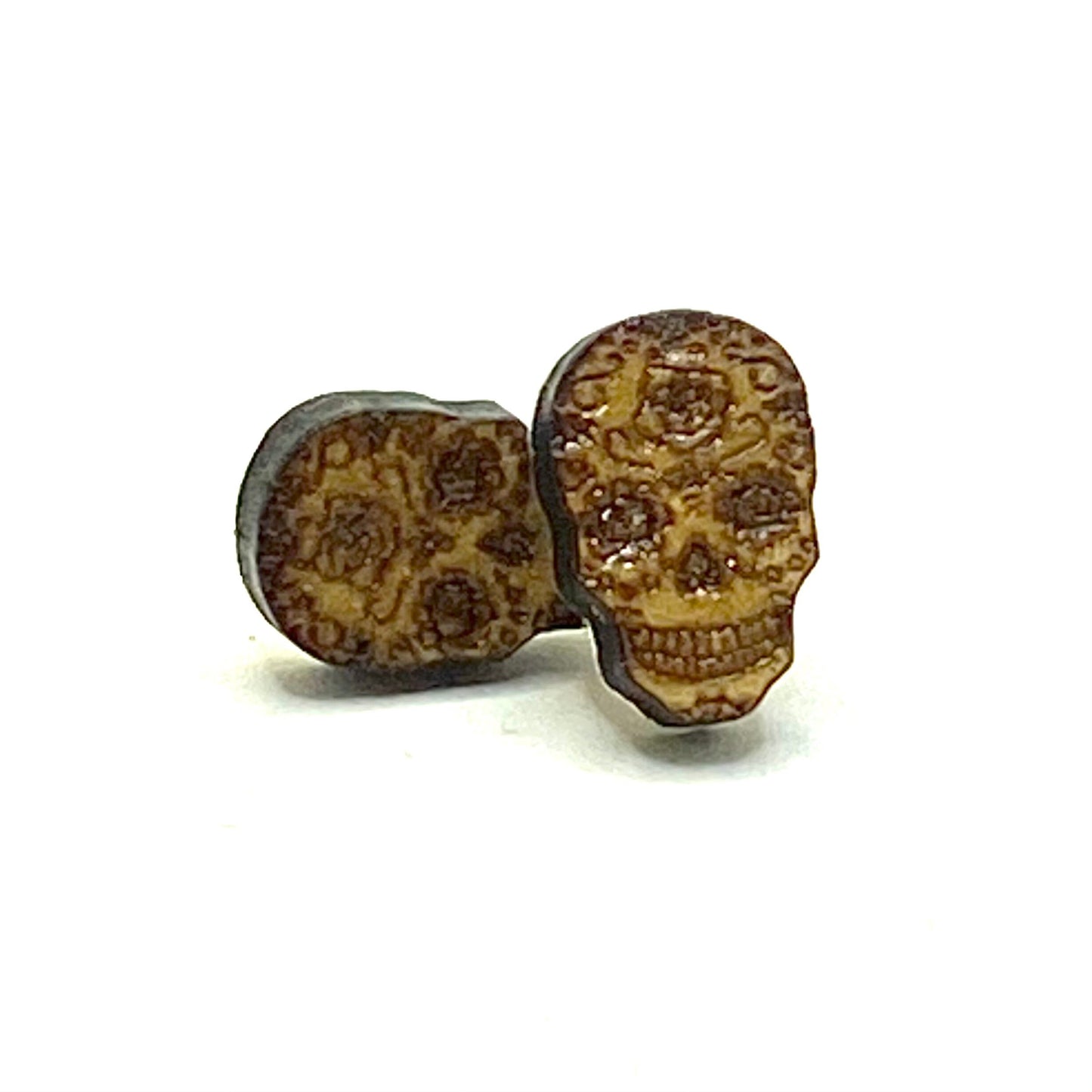 Wooden Earrings Sugar Skull with Sterling Silver Studs Hypoallergenic