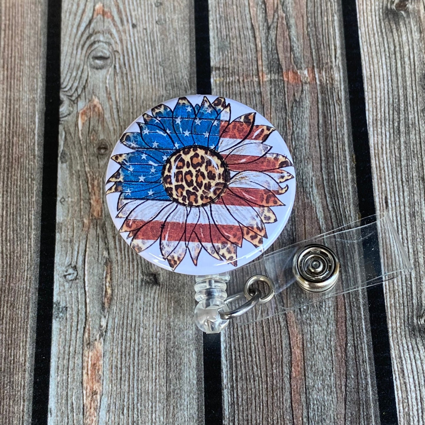 Badge Reel Sunflower American Flag Cheetah