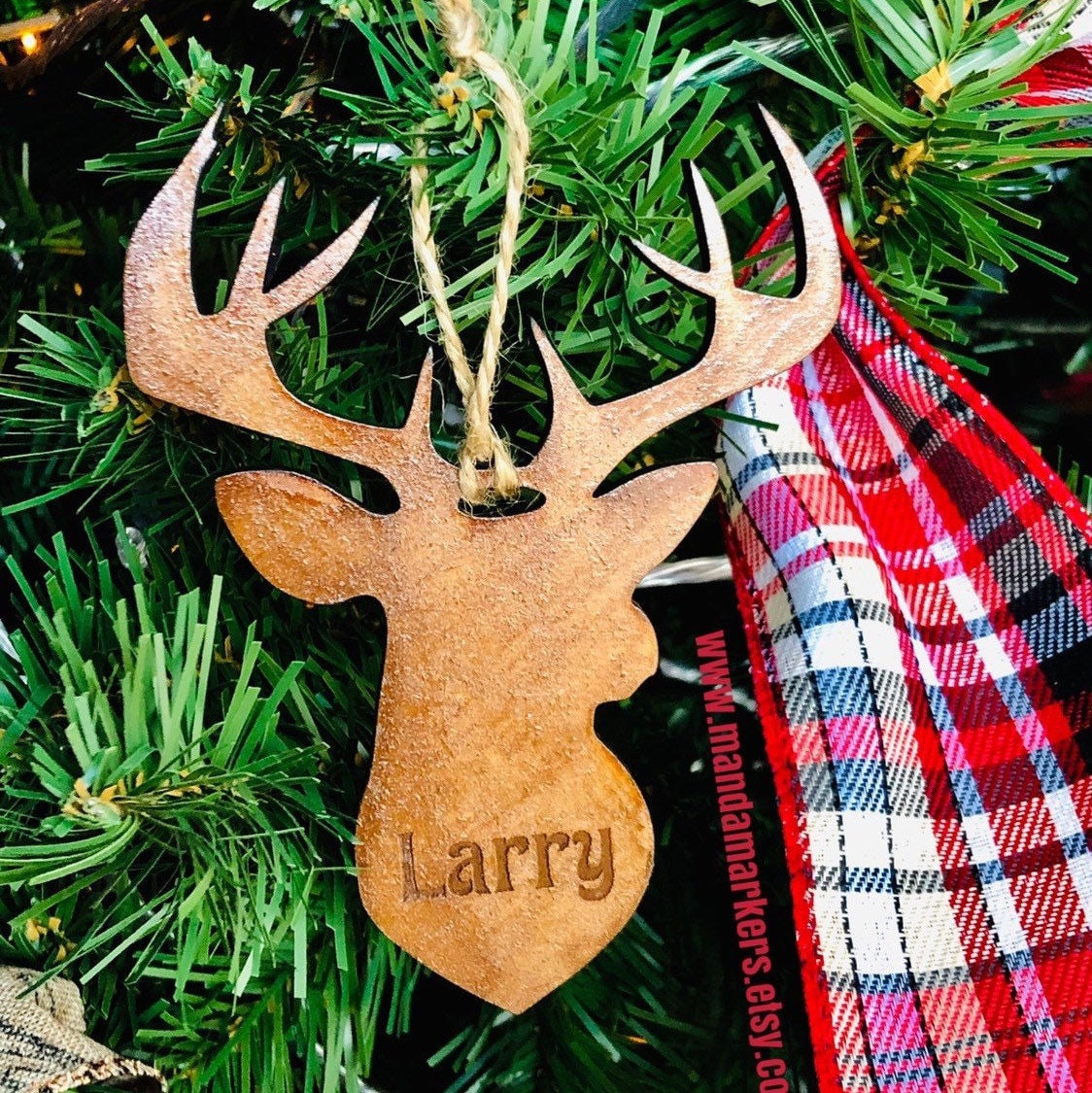 Wooden Rustic Buck Ornament with Personalized Name