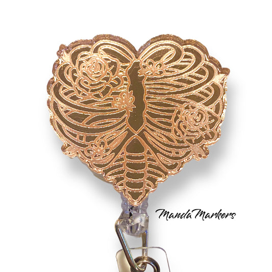 Badge Reel Rose Gold Floral Skeleton Heart