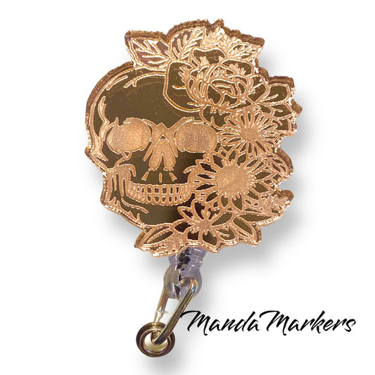 Badge Reel Rose Gold Floral Skull
