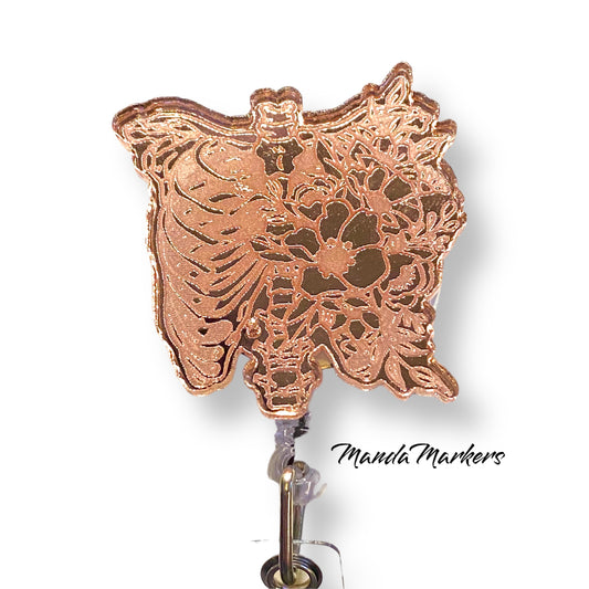 Badge Reel Rose Gold Floral Skeleton Torso