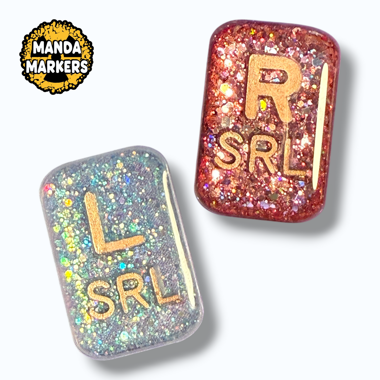 Xray Markers Rectangle and Customized with Rose Gold Initials in Strawberry Shortcake and Seafoam