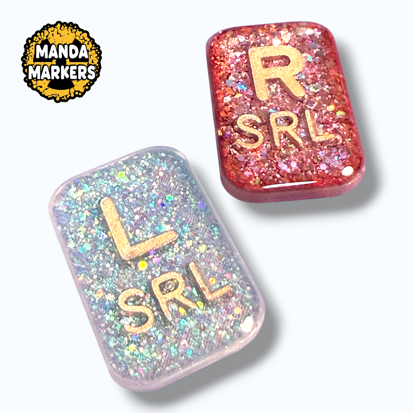 Xray Markers Rectangle and Customized with Rose Gold Initials in Strawberry Shortcake and Seafoam