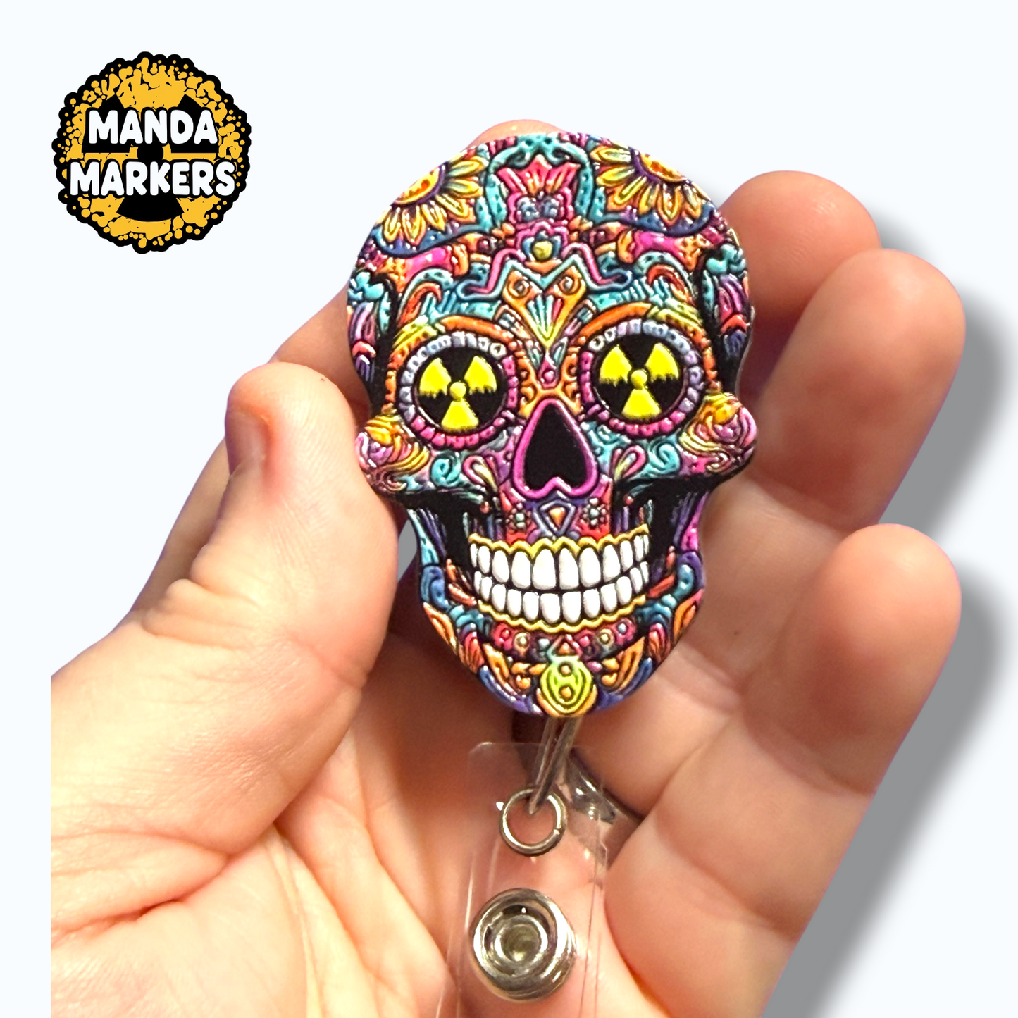 Textured Badge Reel Sugar Skull with Melty Radiation Eyes