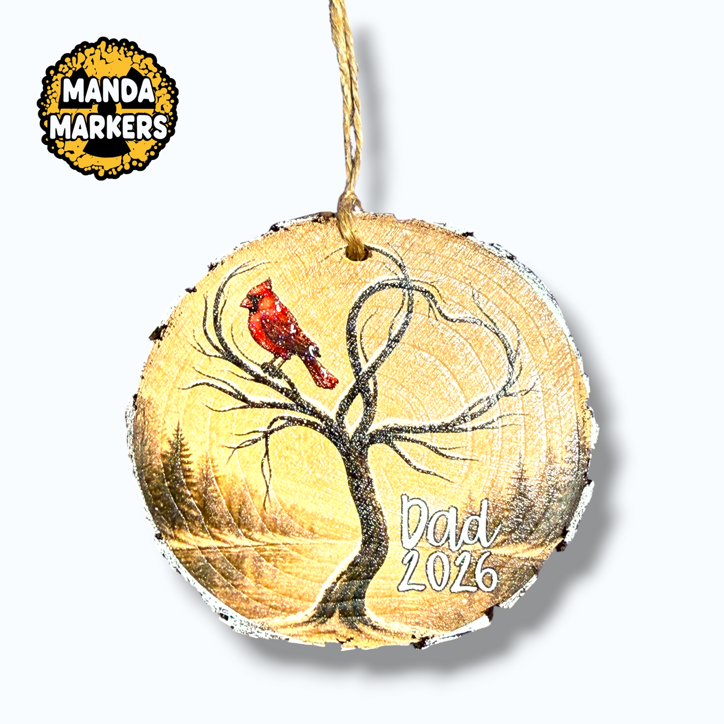 Wooden Slice Full Color Sepia Tone Cardinal Custom Christmas Ornament Add Names and Dates