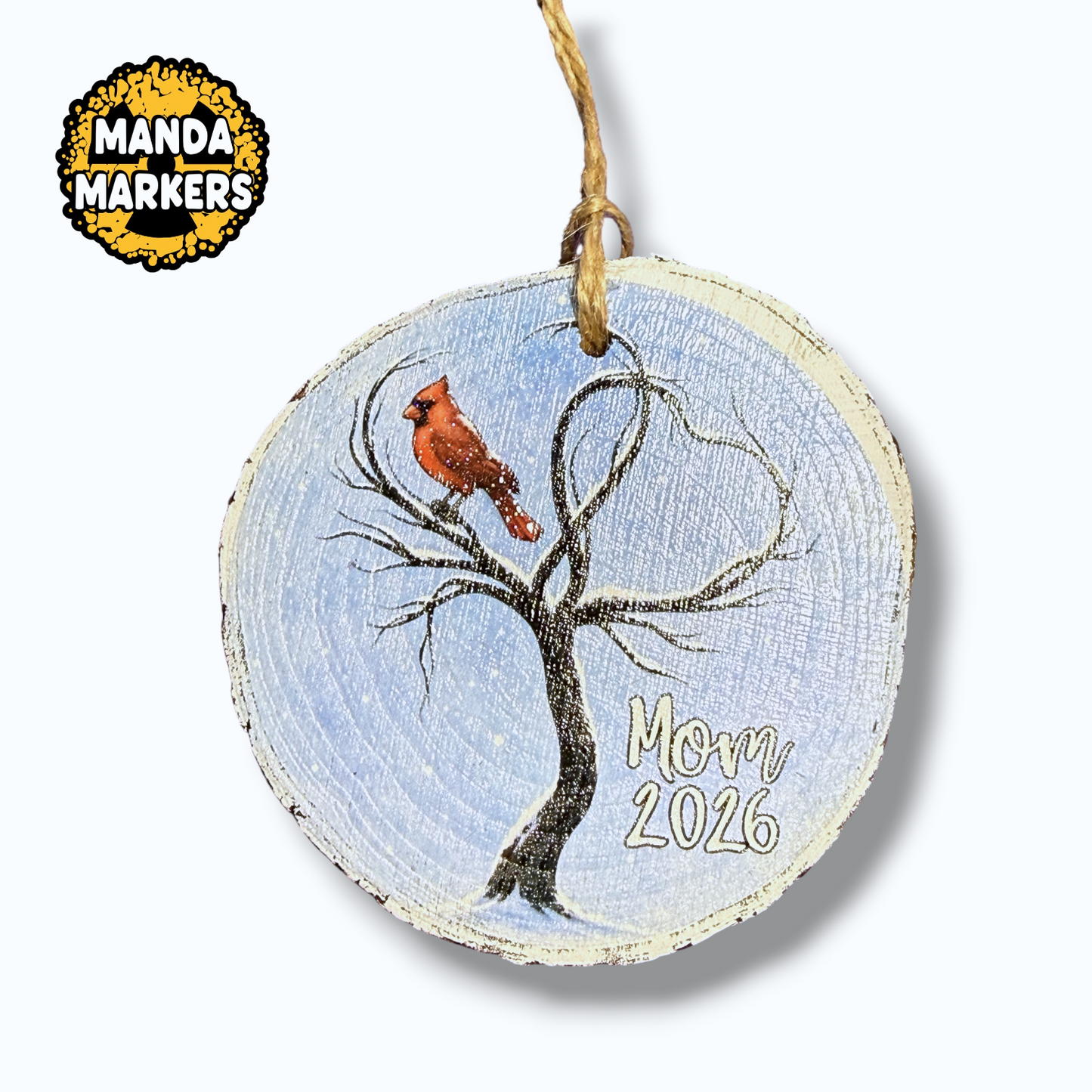 Wooden Slice Full Color Cardinal Custom Christmas Ornament Add Names and Dates