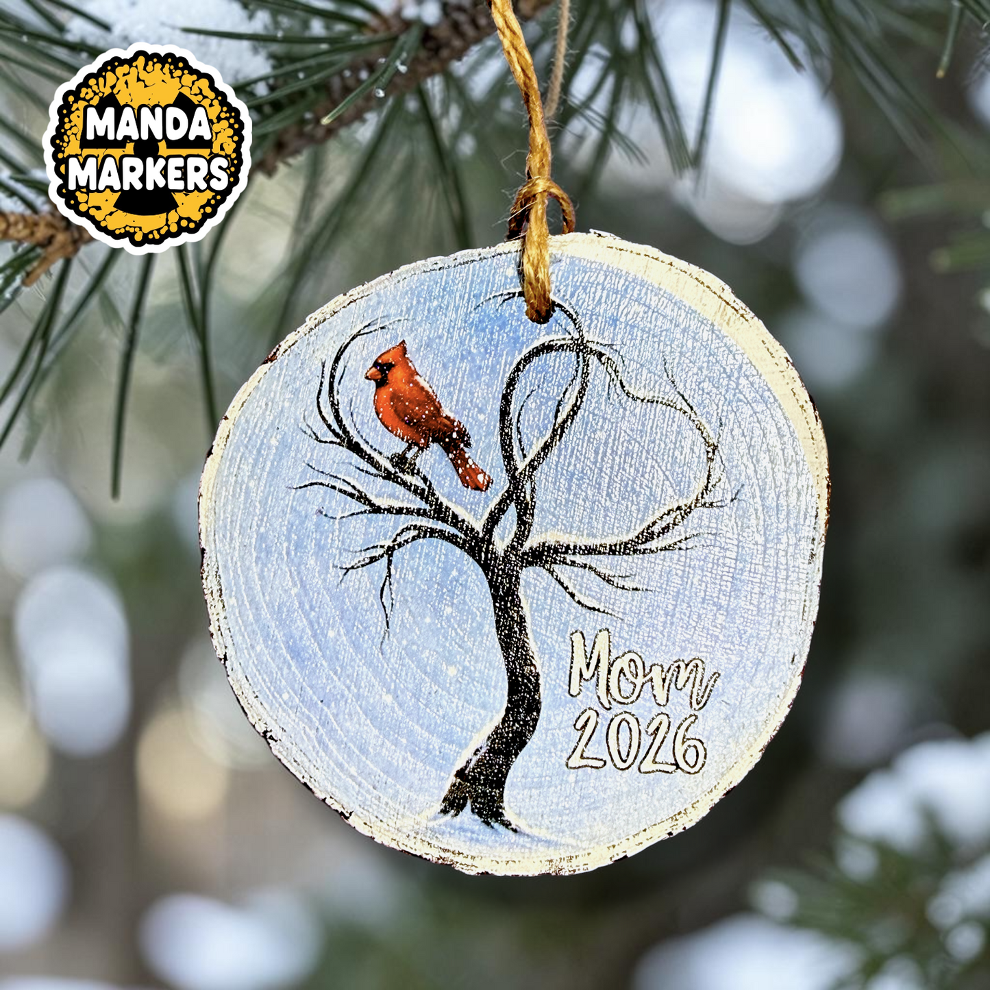 Wooden Slice Full Color Cardinal Custom Christmas Ornament Add Names and Dates