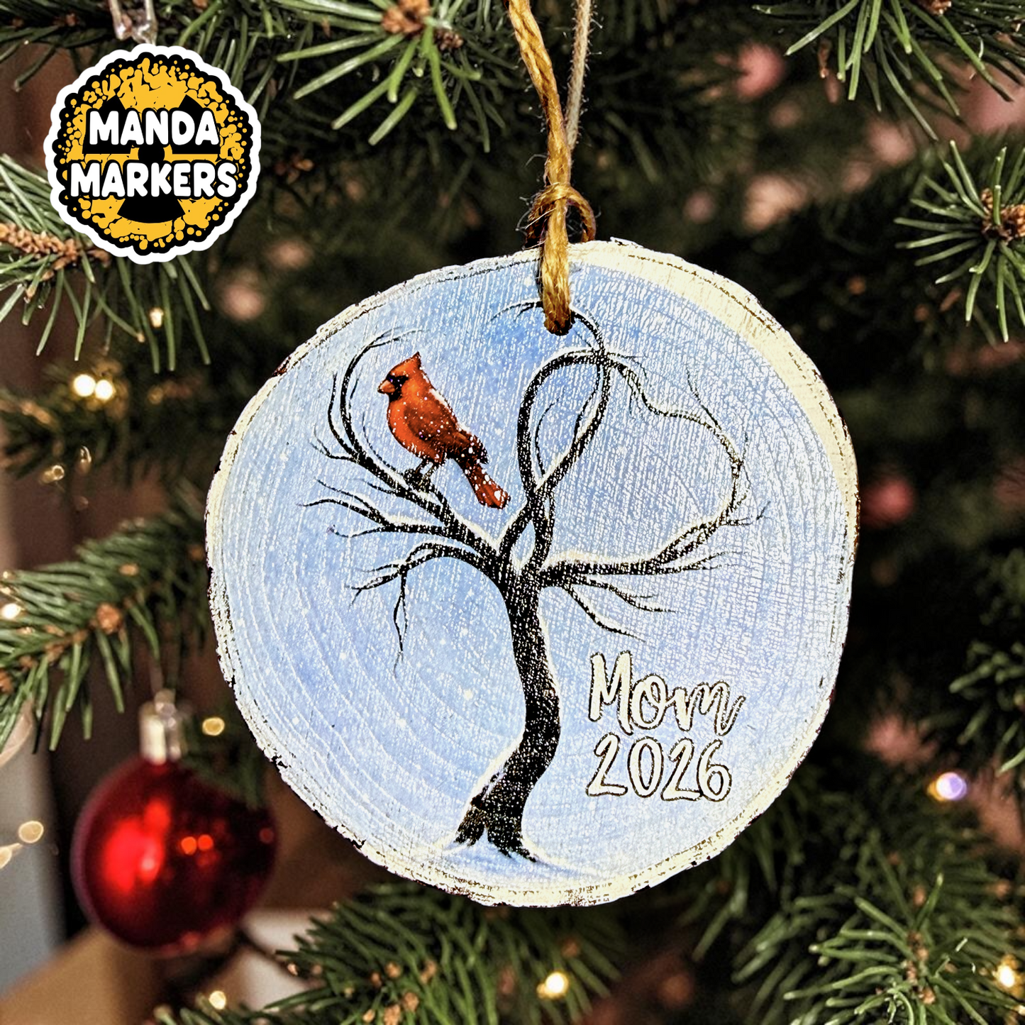 Wooden Slice Full Color Cardinal Custom Christmas Ornament Add Names and Dates