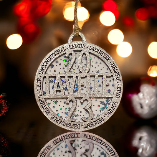 Personalized Silver Snowflake Family Christmas Ornament with Year