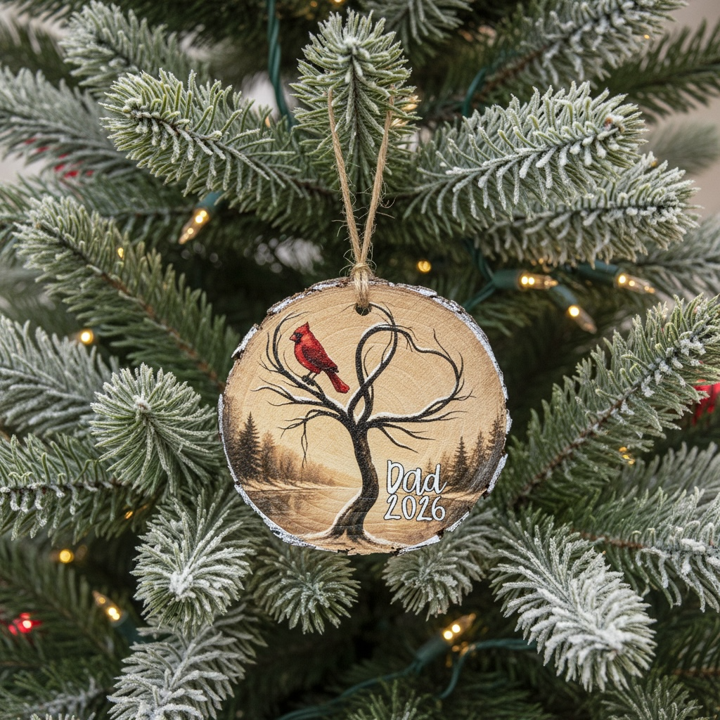 Wooden Slice Full Color Sepia Tone Cardinal Custom Christmas Ornament Add Names and Dates