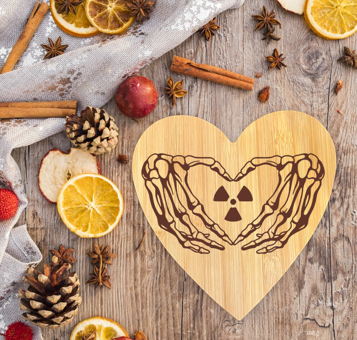Engraved Heart Shaped Cutting Board Radiology Skeleton Hands