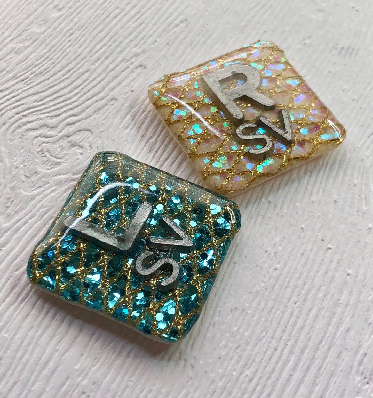Fancy Square Xray Markers Customized w/ Initals Teal/Tan