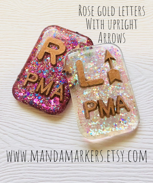 Xray Markers Rectangles Customized with Rose Gold Initials and Arrows for Weight Bearing