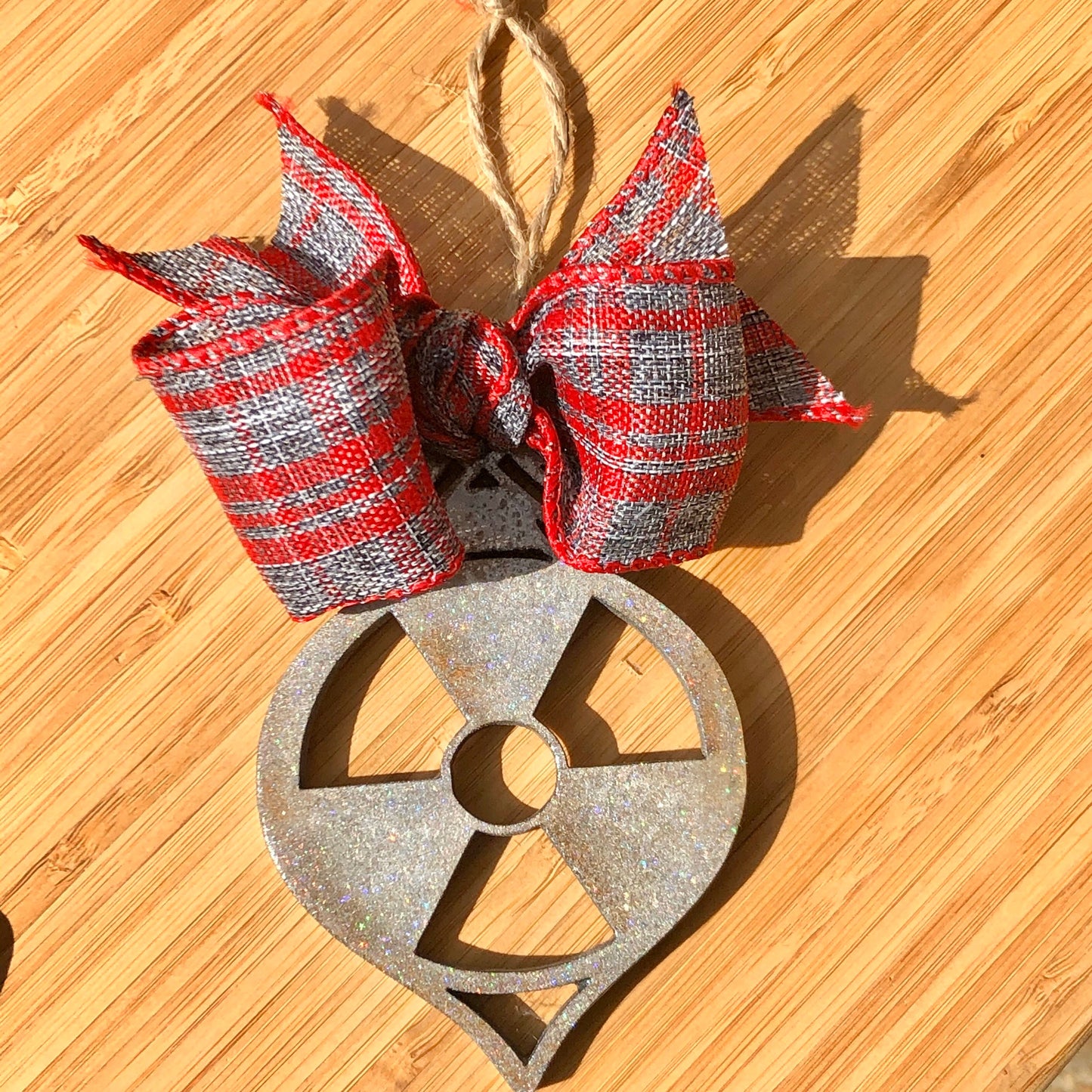 Christmas Ornament Radiation Symbol in Rustic Silver with Sparkles