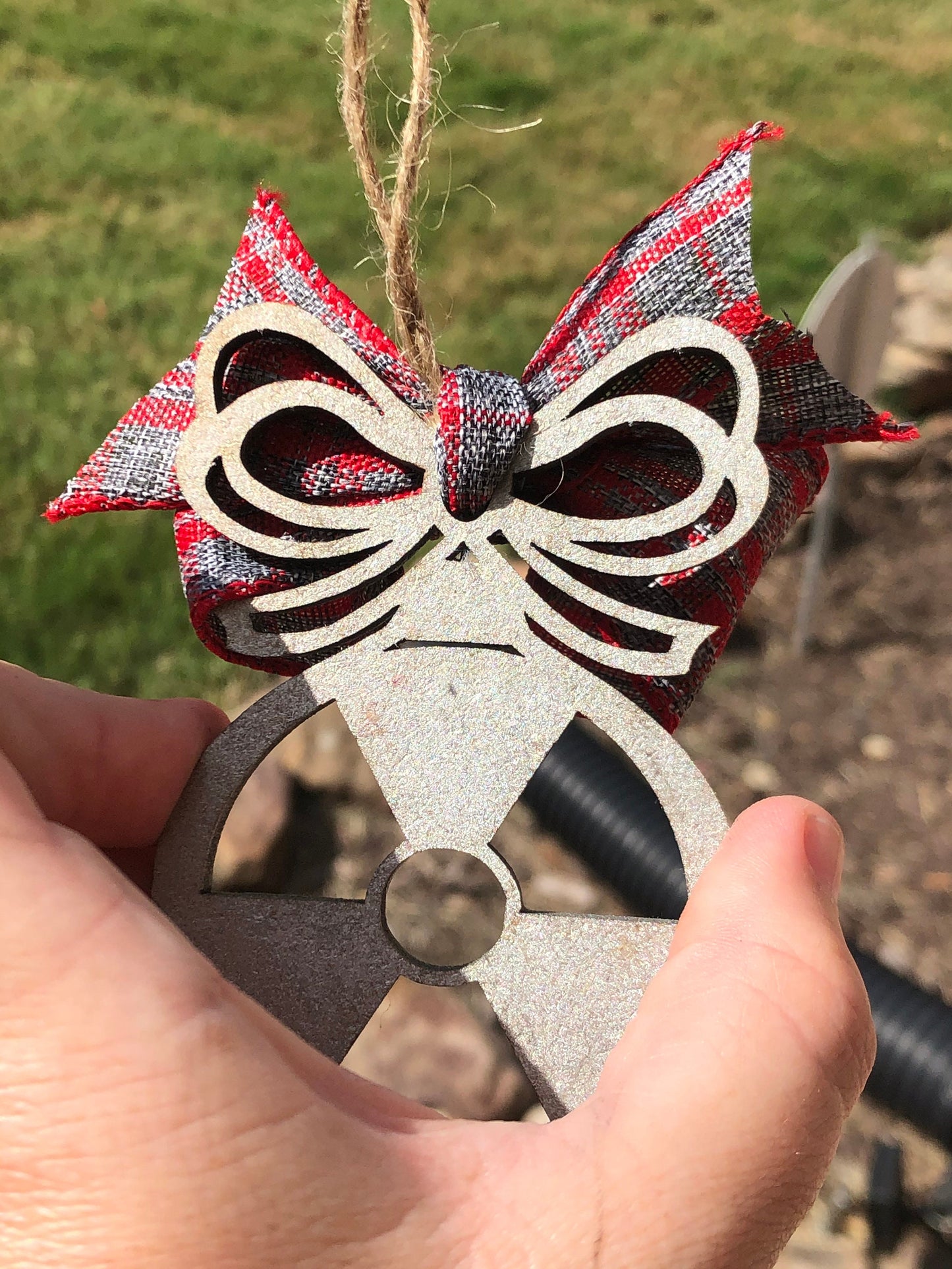 Christmas Ornament Radiation Symbol in Rustic Silver with Sparkles