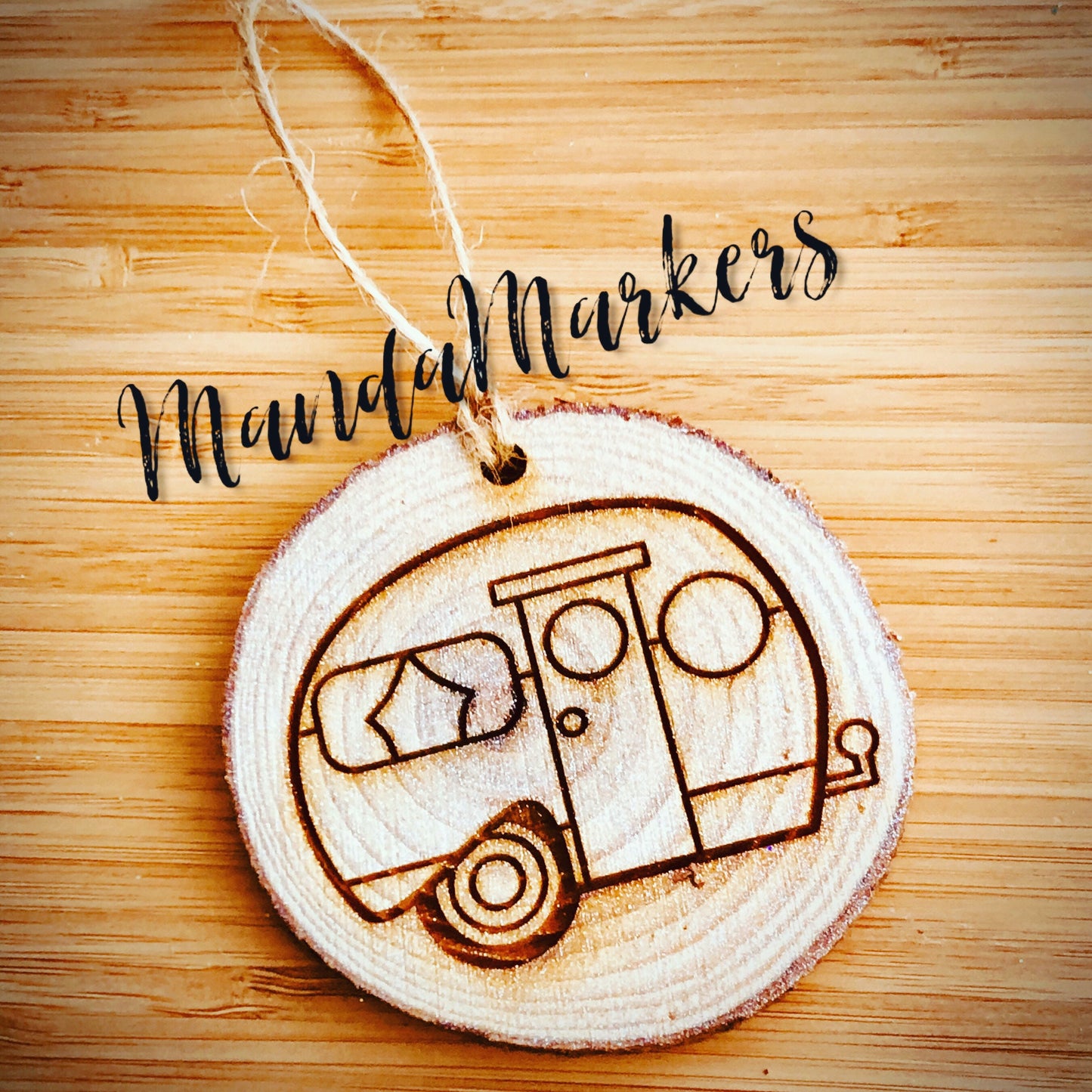 Natural Wooden Rustic Camper Christmas Ornament with Optional Name