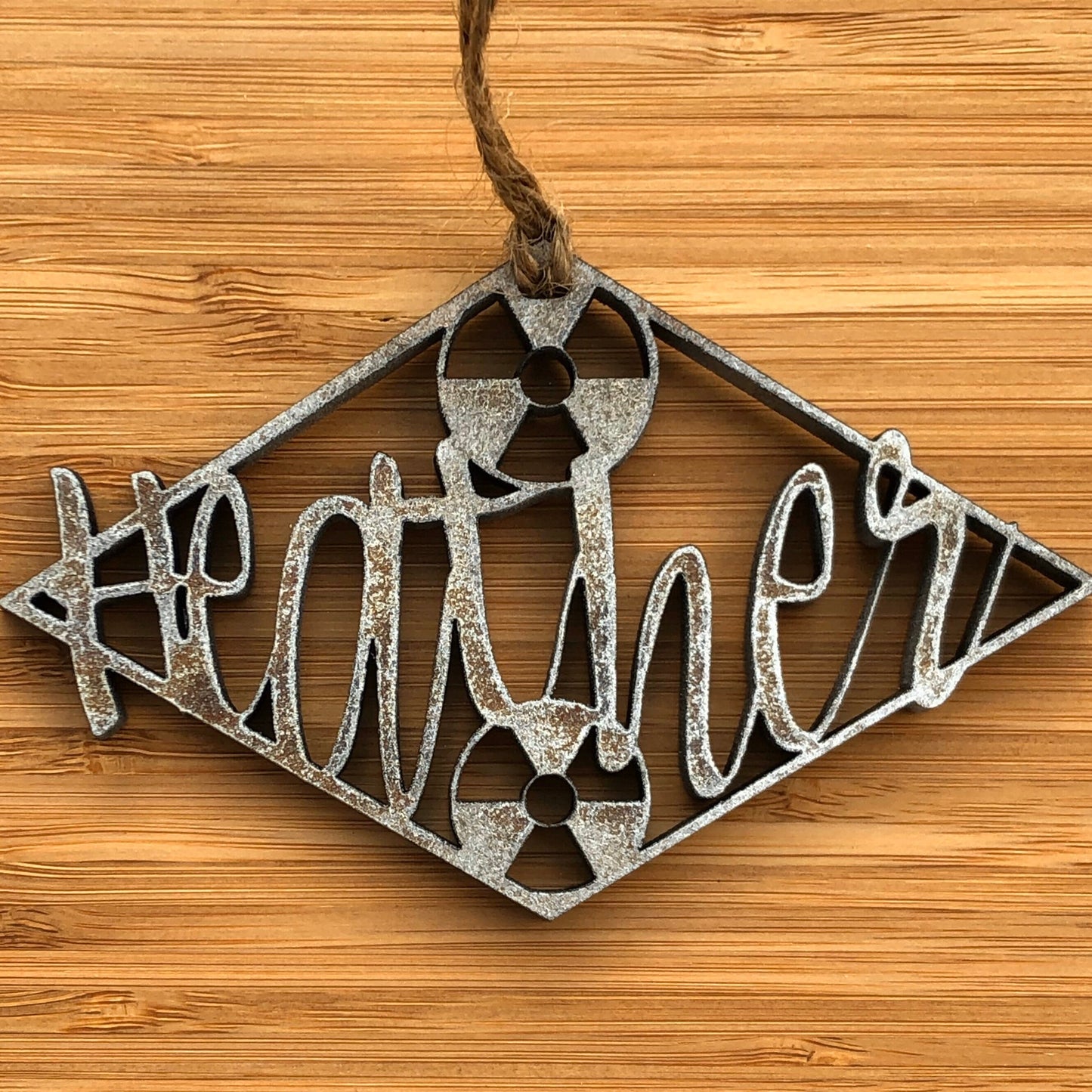 Christmas Ornament Radiation Symbol Wooden Personalized with Name Rustic Metallic