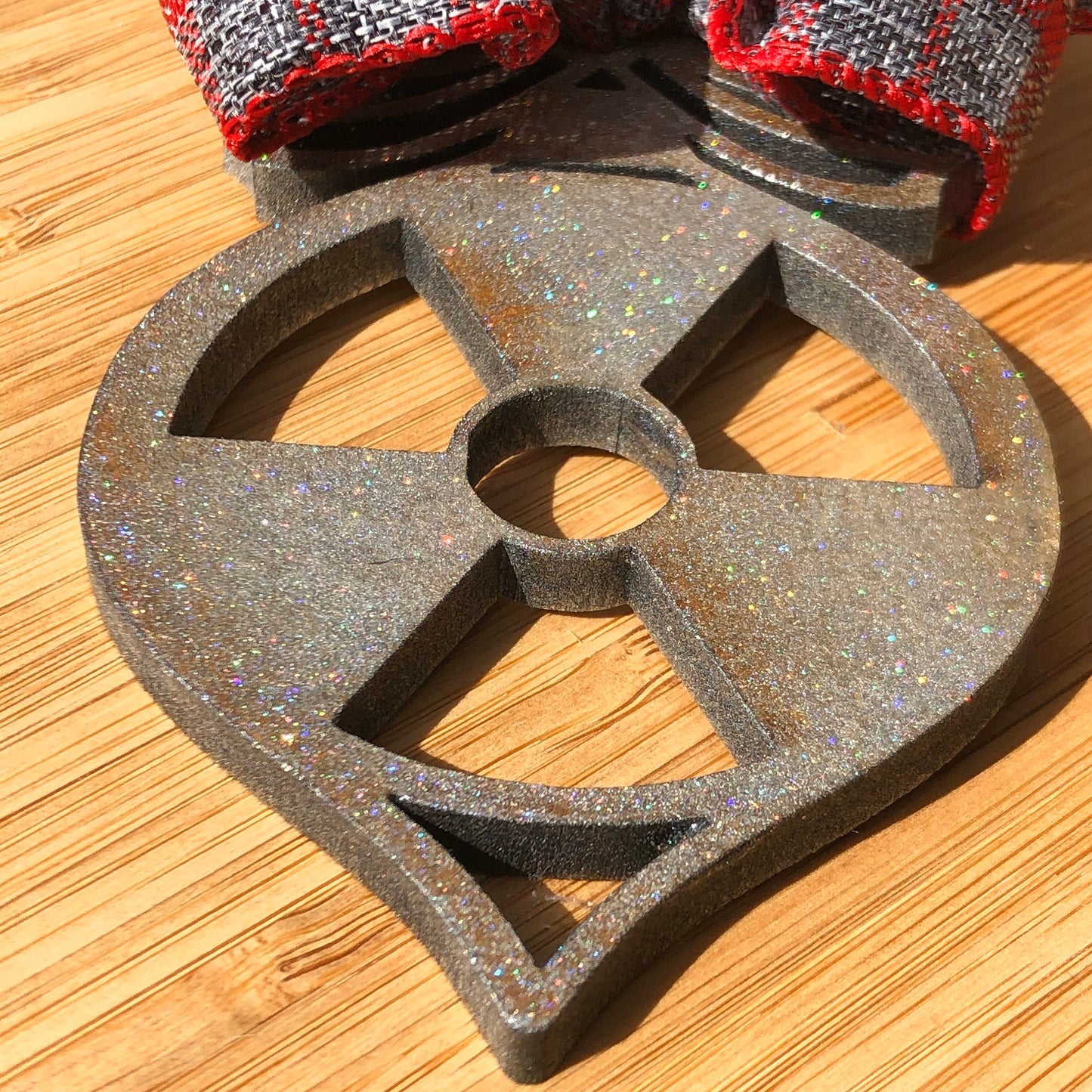 Christmas Ornament Radiation Symbol in Rustic Silver with Sparkles