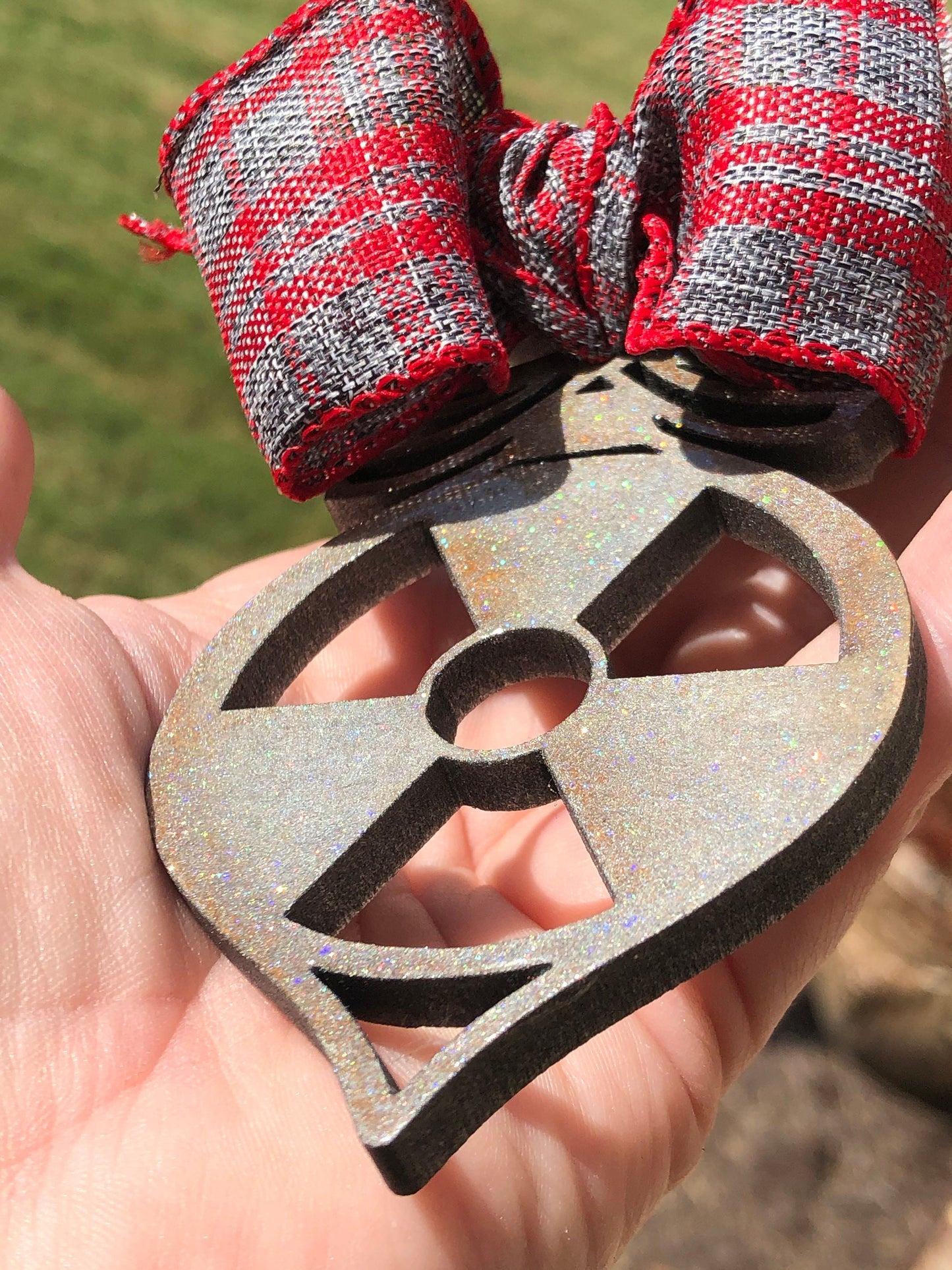 Christmas Ornament Radiation Symbol in Rustic Silver with Sparkles