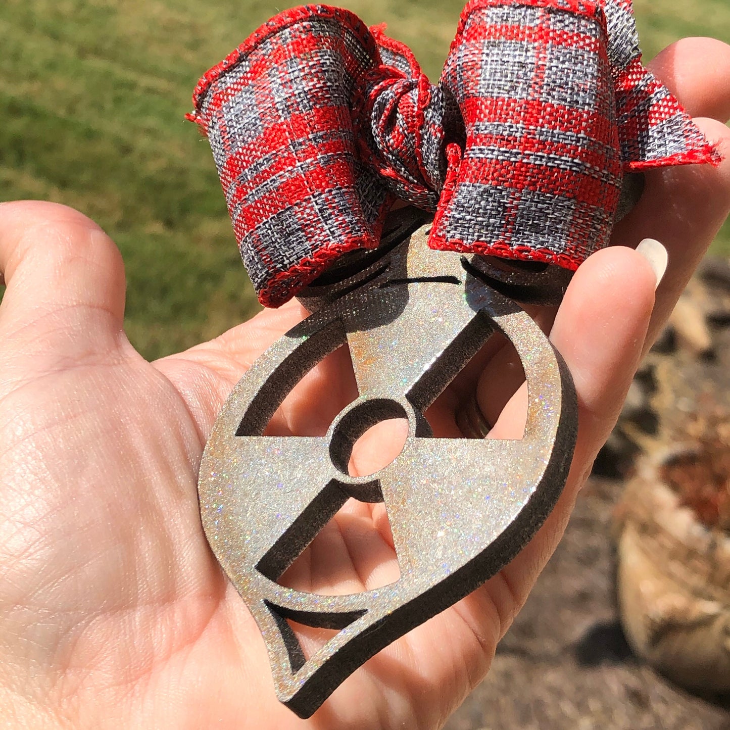 Christmas Ornament Radiation Symbol in Rustic Silver with Sparkles