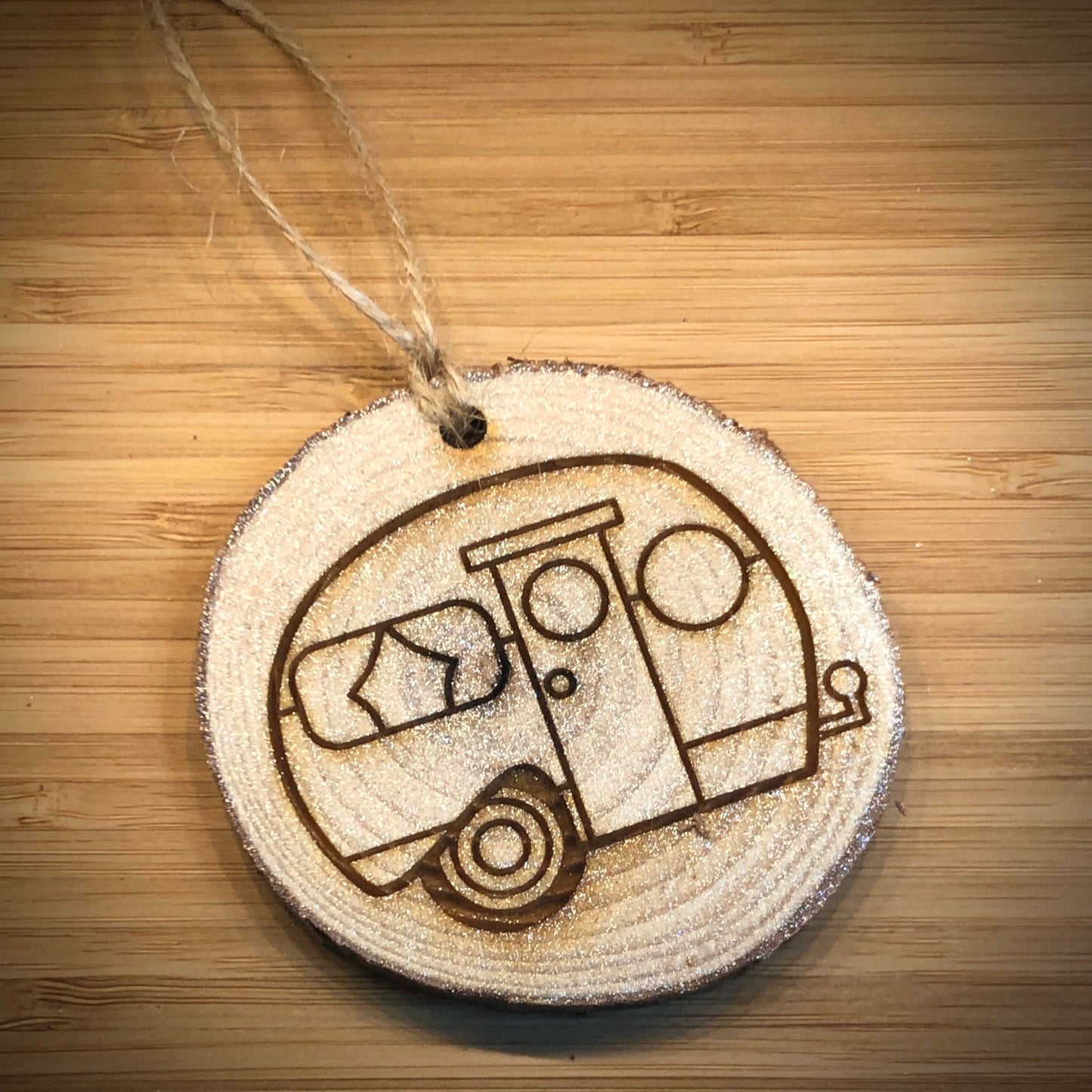 Natural Wooden Rustic Camper Christmas Ornament with Optional Name