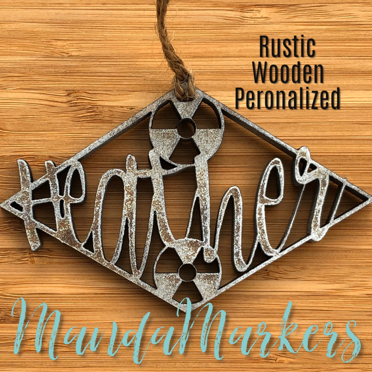 Radiation Symbol Wooden Ornament Personalized with Name Rustic Metallic
