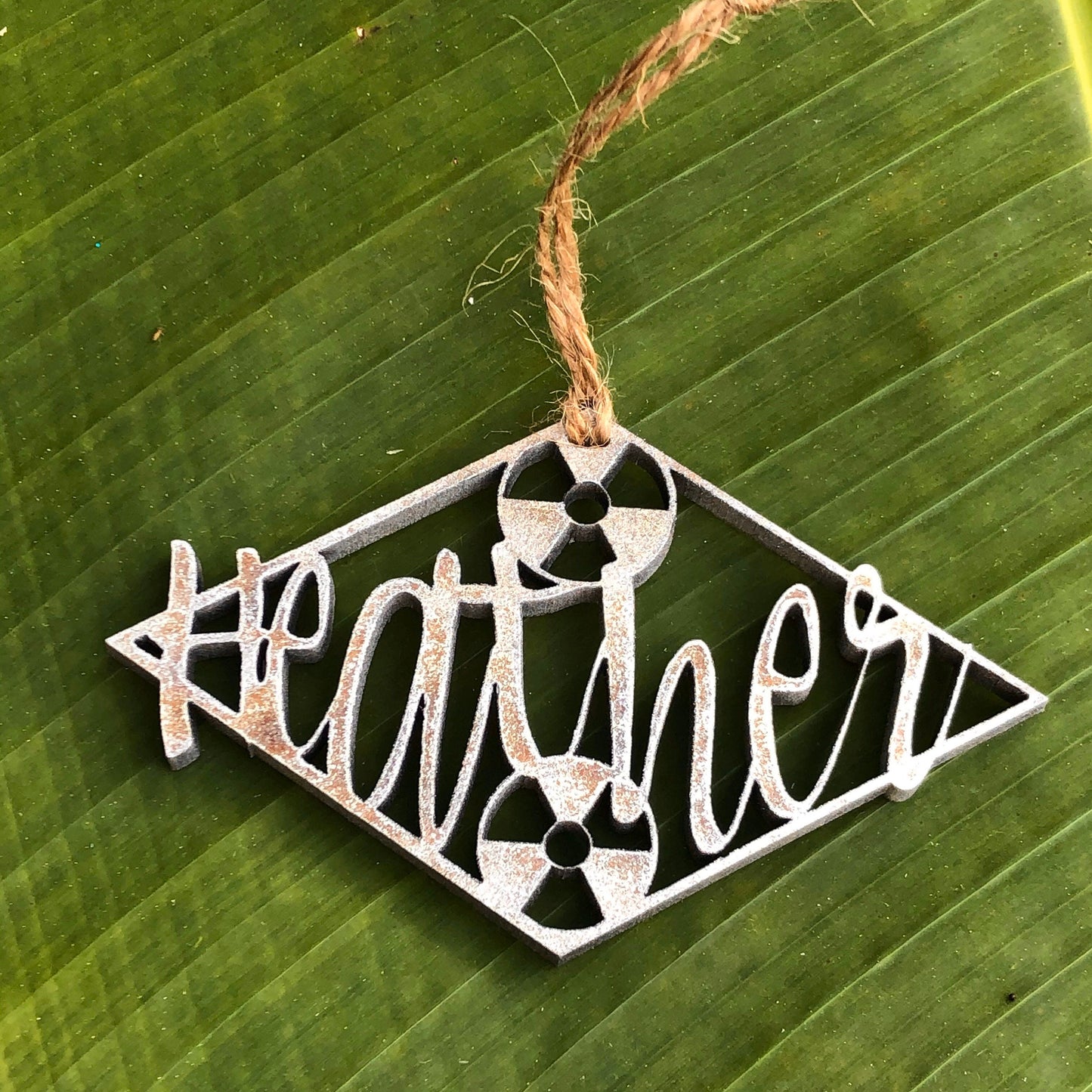 Christmas Ornament Radiation Symbol Wooden Personalized with Name Rustic Metallic