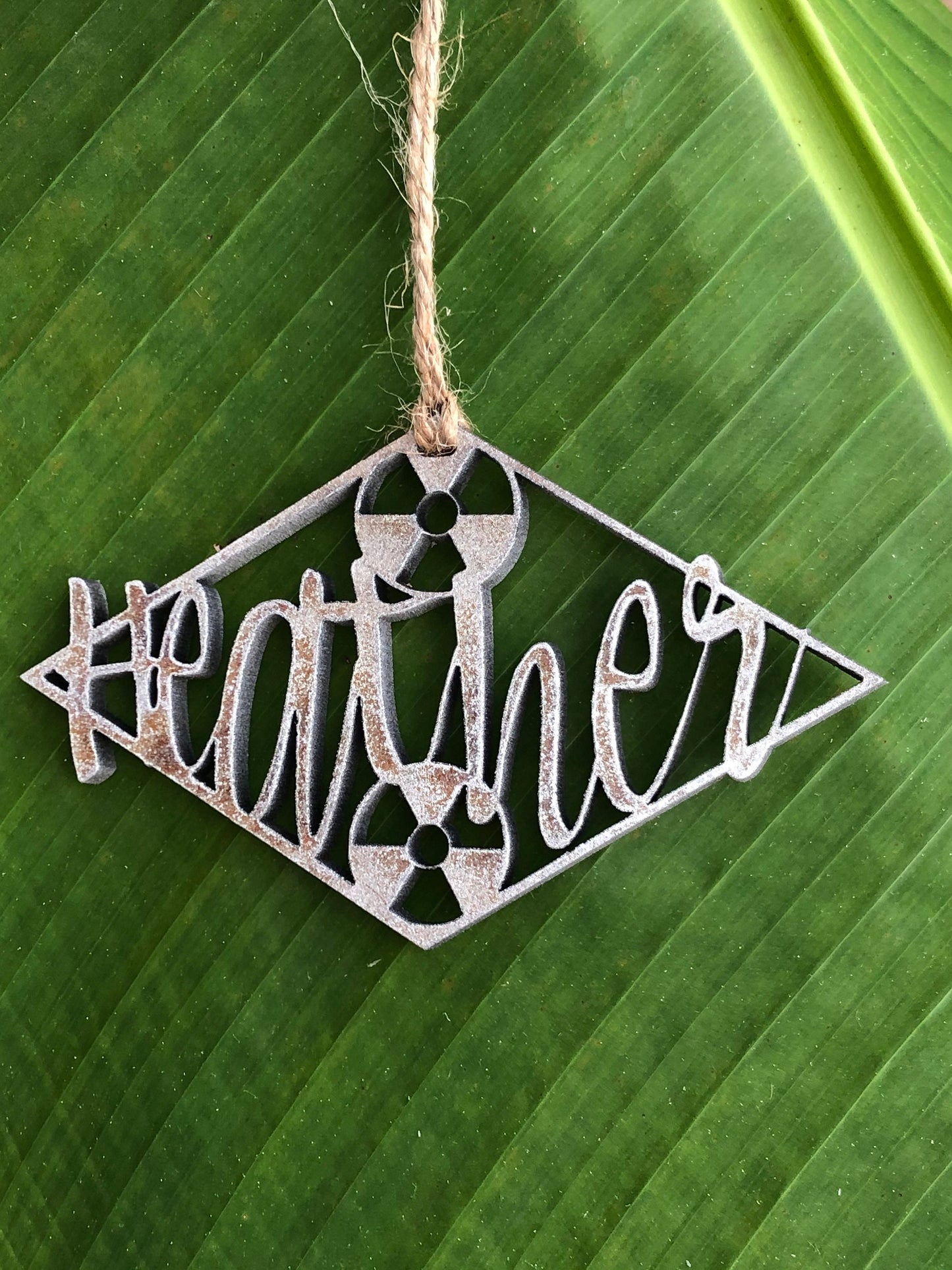 Christmas Ornament Radiation Symbol Wooden Personalized with Name Rustic Metallic