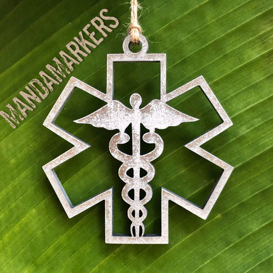 Caduceus EMT Paramedic Christmas Ornament in Rustic Silver