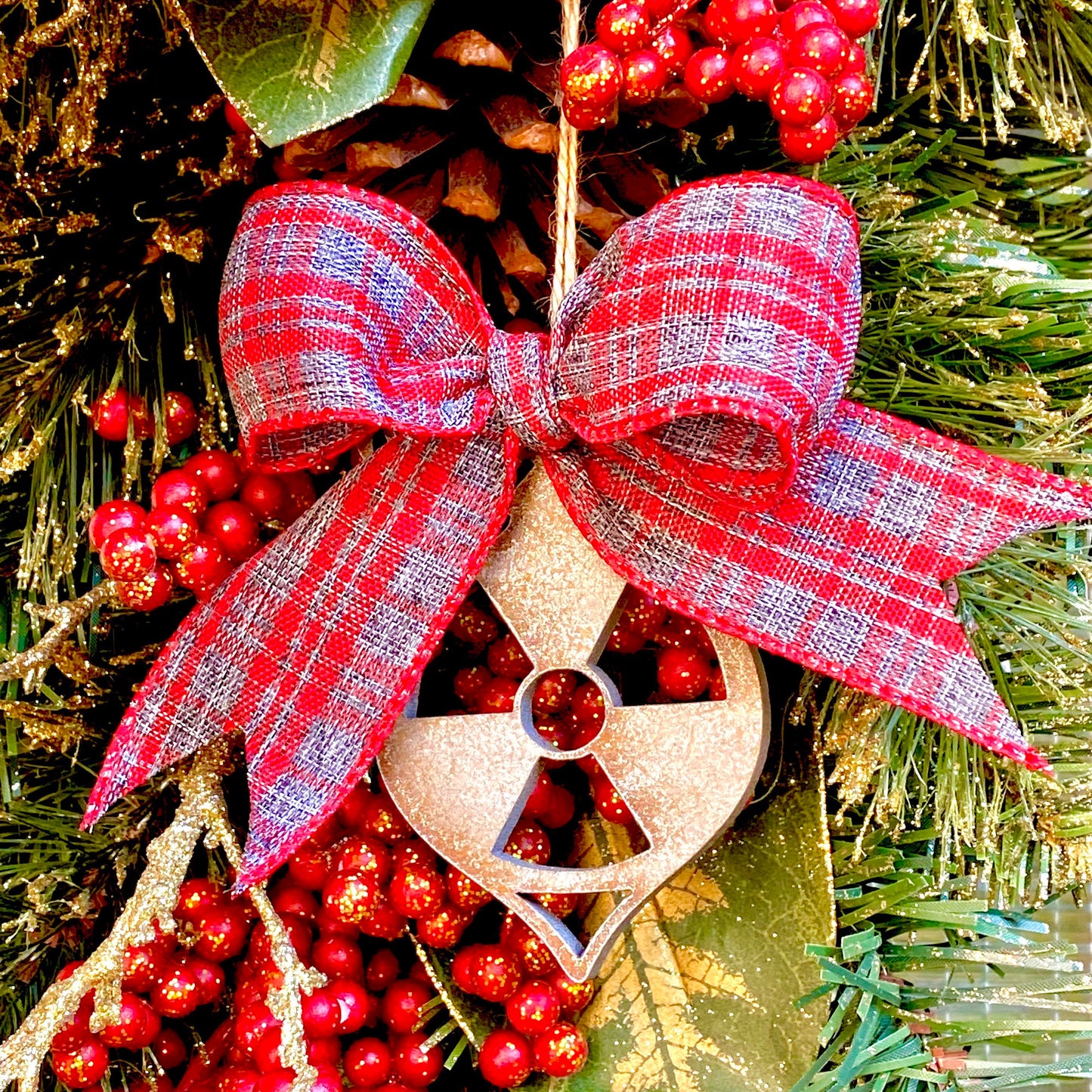 Christmas Ornament Radiation Symbol in Rustic Silver with Sparkles