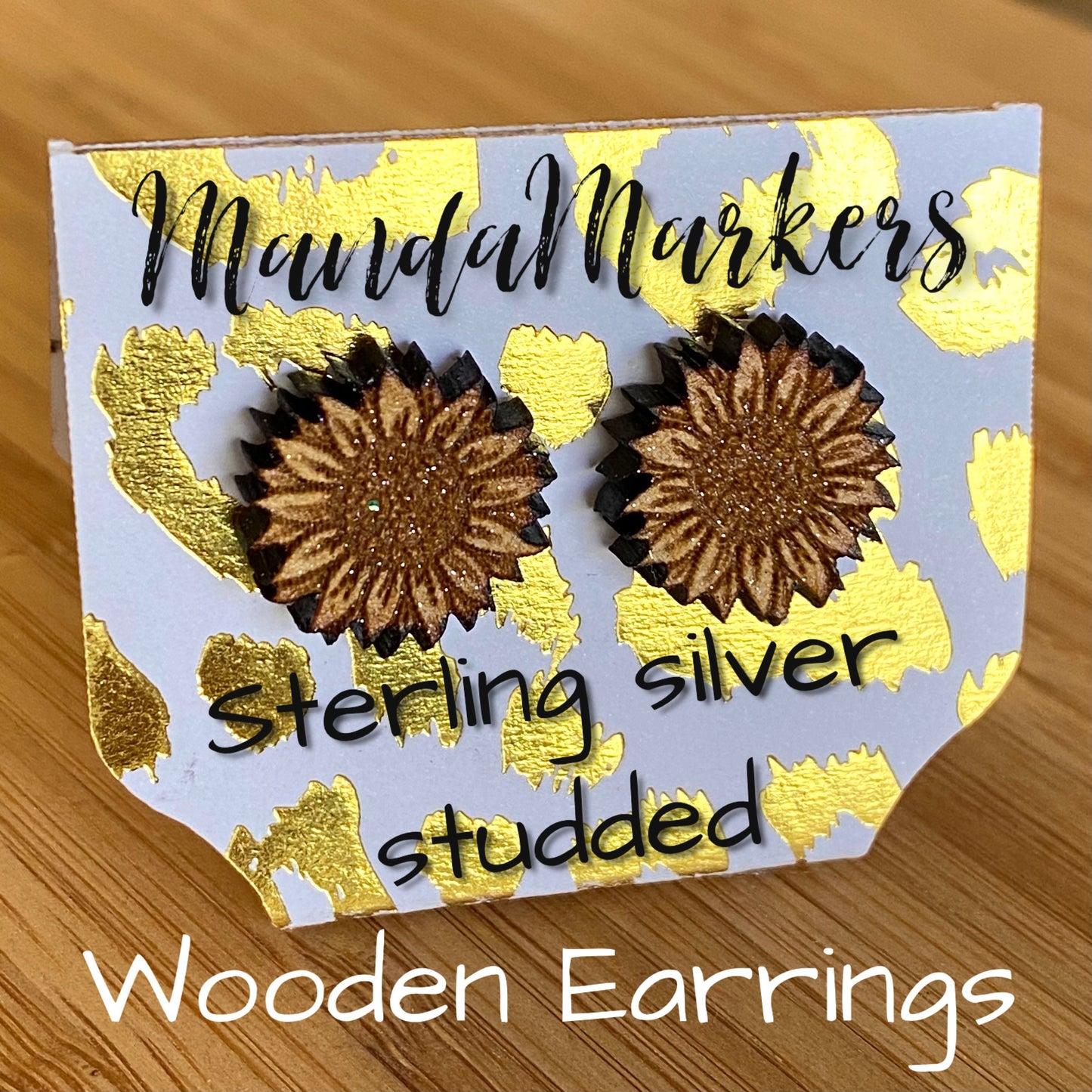 Sunflower Wooden Earrings with Sterling Silver Studs Hypoallergenic