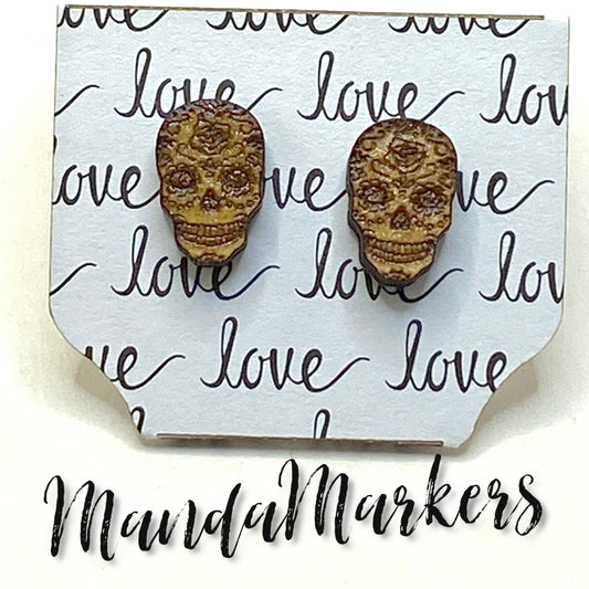 Sugar Skull Wooden Earrings with Sterling Silver Studs Hypoallergenic