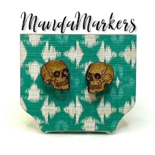 Xray Skull Wooden Earrings with Sterling Silver Studs Hypoallergenic
