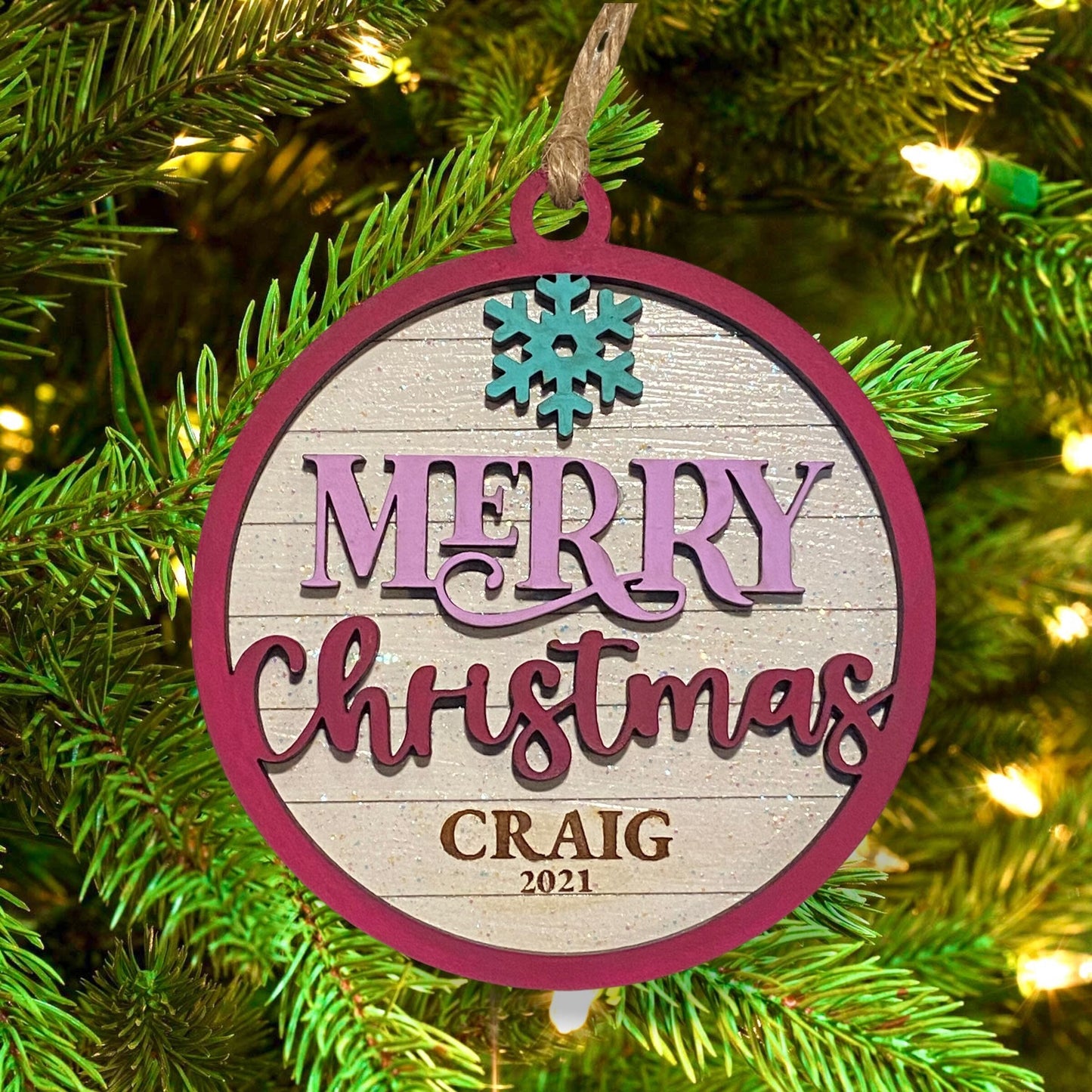Rustic Sparkle Wooden Personalized Christmas Ornament