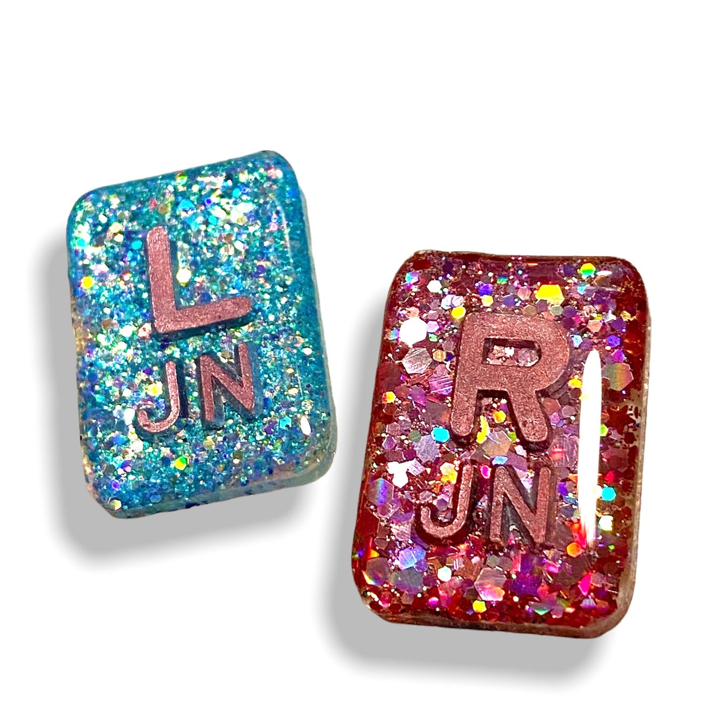 Xray Markers Rectangle and Customized with Rose Gold Initials in Strawberry Shortcake and Seafoam